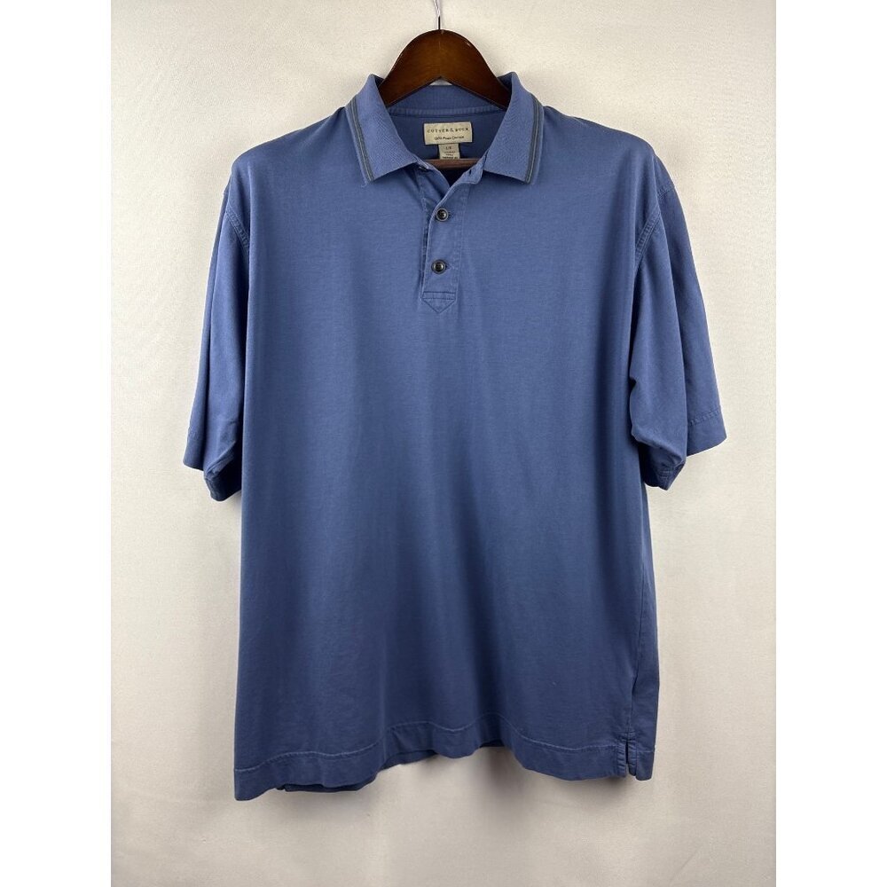 Men’s Vintage Cutter & Buck Large Blue Polo Shirt w/ Black Stripes on Collar